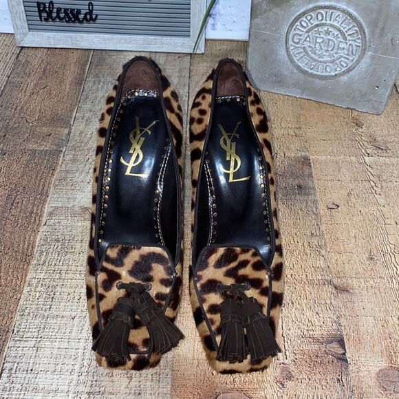 Yves St Laurent Leopard print calf hair pumps tassel heels - Picture 1 of 14